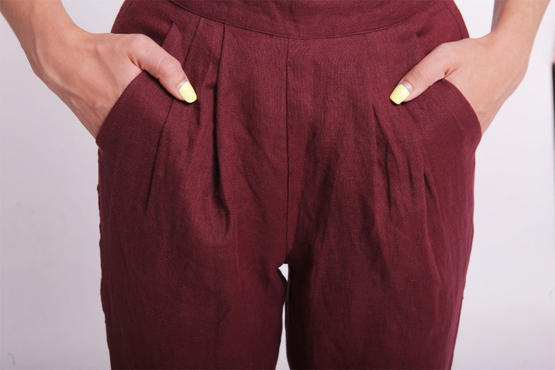 dress pants ankle pants office pants linen pants relaxed fit loose linen pants fitted pants Womens linen trousers in maroon