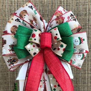 Dog Lovers Christmas Tree Topper Wreath Door Hanger Decoration Bow, Whimsical Bow, Mail Box Bow, Lantern Decor