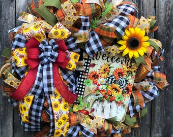Fall Sunflower Wreath, Buffalo Plaid Ribbon, Thanksgiving Front Door Decor