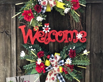 Ladybug Floral Front Door Wreath, Spring Summer Decor, Grapevine Swag, Housewarming Gift