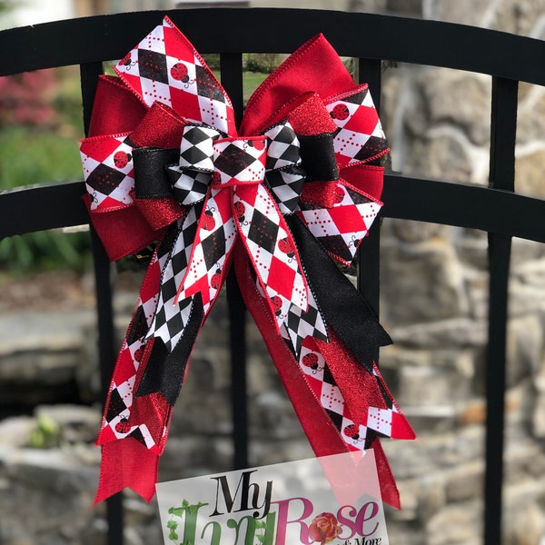 Wreath Bow, Harlequin Bow, Red Black White Glitter Bow, Ladybug Ribbon, Wreath Embellishment , All Season Bow, Gift Bow, Celebration Bow