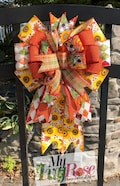 Autumn Fall Thanksgiving Pumpkin, Orange Yellow Red Green, Gift Bow, Country Farmhouse Shabby Chic, Glitter Ribbon, Wreath Mailbox Bow,