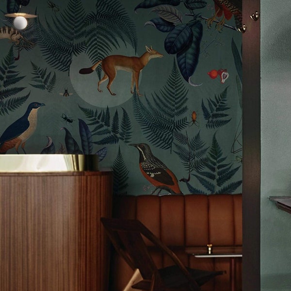 papel pintado botánico, vida nocturna del bosque, zorro con pájaros, helecho, extraíble, autoadhesivo, decoración de la habitación, mural de pared // #A16