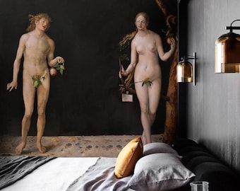 art wallpaper, painting persons, Adam and Eva, Eden, paradise, dark background, removable, peel&stick, vintage, room decor || #A9