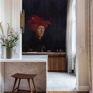 Sfondi Van Eyck - Carta da parati ispirata al pittore olandese con ritratto su sfondo scuro, rimovibile, stacca e attacca per l'arredamento della stanza - #A17