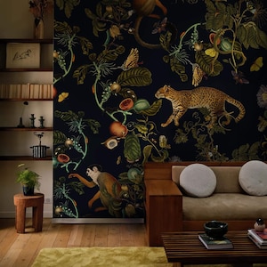 dark botanic wallpaper cheetahs and monkeys, secret garden, plants print, removable or vinyl wall murals B12 MAGIC FOREST image 2