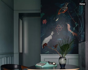 Botanical Wallpaper: Blue Garden Birds & Monkey - Removable Wall Mural #B20