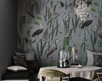 botanic wallpaper, calm heron, dark mint background, bird, green plants, fern, room decor || #B23