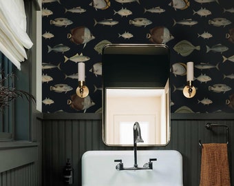 Navy Blue Fish Wallpaper: Peel and Stick Removable Wall Decor #V6