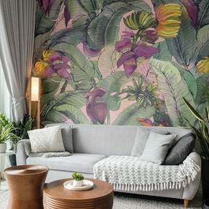 Bananen-Dschungel rosa Tapete, Bananenstaude, grüne Blätter, große Blumen und Pflanzen, rosa Hintergrund Wandbild || #T5