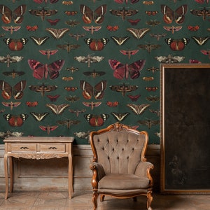 removable vintage wallpaper, butterflies pattern, dark green background, unique graphics, botanical, living room decor || #V1