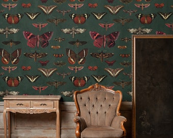 removable vintage wallpaper, butterflies pattern, dark green background, unique graphics, botanical, living room decor || #V1