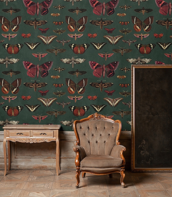 Removable Vintage Wallpaper Butterflies Pattern Dark Green - Etsy Ireland Removable Vintage Wallpaper Butterflies Pattern Dark Green - Etsy Ireland