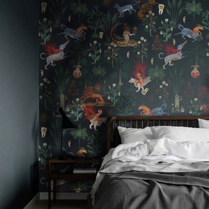 botanical wallpaper mythical beasts black background, horse and lion, plants, removable or vinyl wall murals B28 zdjęcie 2