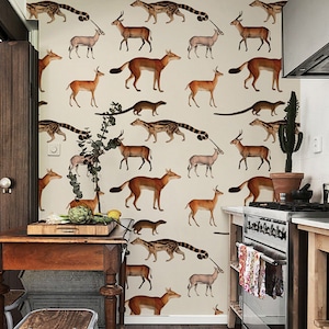 removable vintage wallpaper, forest animals pattern, self-adhesive, unique graphics, botanical, room decor, wall mural || #V17