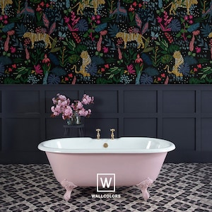carta da parati tropicale giungla scura, tigri selvatiche, murale botanico, stacca e attacca o vinile // #T2