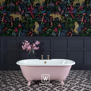 tropical dark jungle wallpaper, wild tigers, botanical wall mural, peel&stick or vinyl || #T2