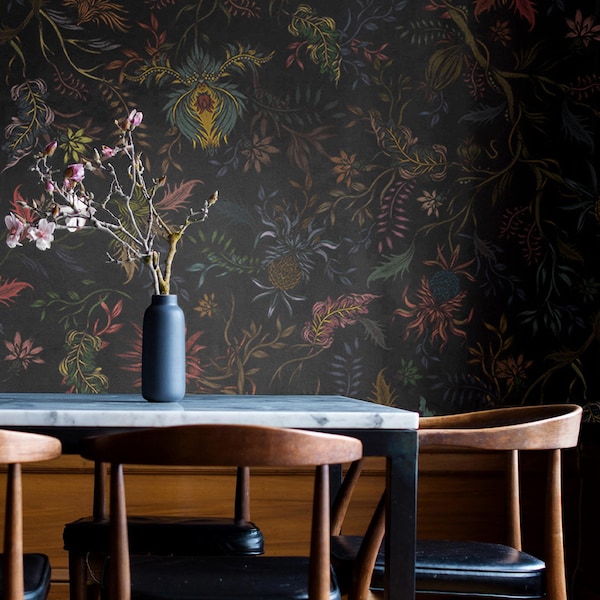 Dark Floral Wallpaper: Vintage Style, Removable Wall Decor #V32