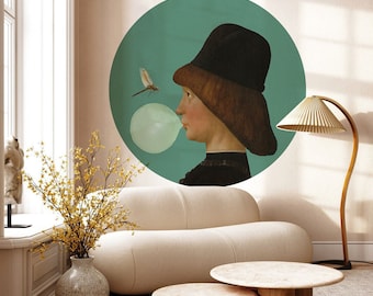 Circle wallpaper Boy with bubble gum, peel and stick mural, man and dragonfly, mint background, geometric wall decor