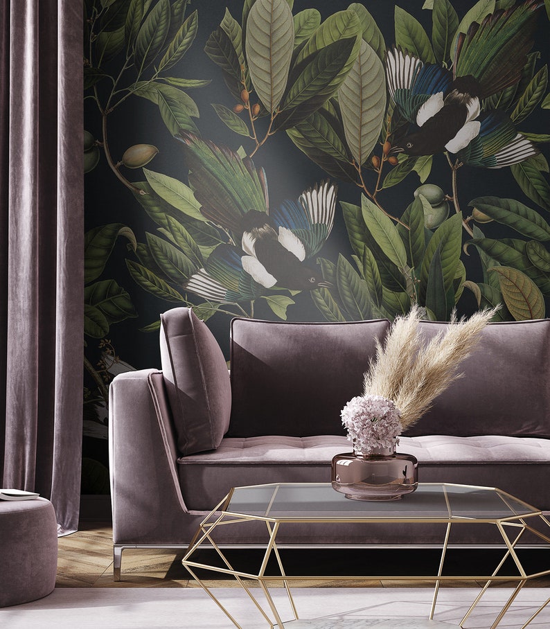 removable vintage wallpaper, blue bird and leaves pattern, dark background, unique graphics, botanical, room decor, wall mural V18 image 10