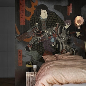 Carta da parati giapponese - Midnight Warrior, Bushido Samurai, carta da parati non tessuta o staccabile e adesiva, decorazione da parete per cucina marrone // #J1