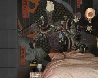 Japanese Wallpaper - Midnight Warrior, Bushido Samurai, Non-woven or Peel & Stick Wall Mural, Brown Kitchen Wall Decor || #J1