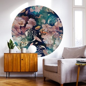 Marine circle wall sticker, peel and stick wallpaper, pink corals, sea shells, underwater world, bedroom round decor, removable decal, dots