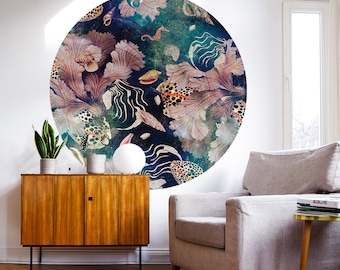 Marine Circle Wall Decal: Pink Coral, Seashells, Underwater World