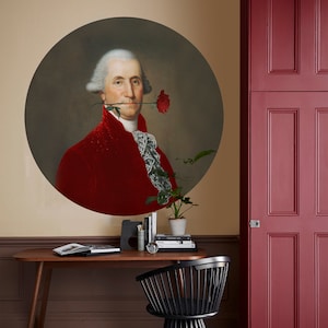 Round wallpaper Man with a rose, peel and stick mural, iconic portrait, renaissance Rembrandt reproduction, living room decor, wall decal