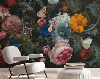 Dark Dutch Floral Wallpaper: Dragonfly Garden Wall Mural #F11