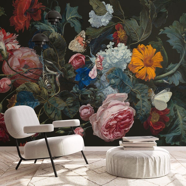 floral wallpaper, dragonfly garden, large wall mural, baroque, dark dutch flowers, wall mural, dark bedroom || #F11