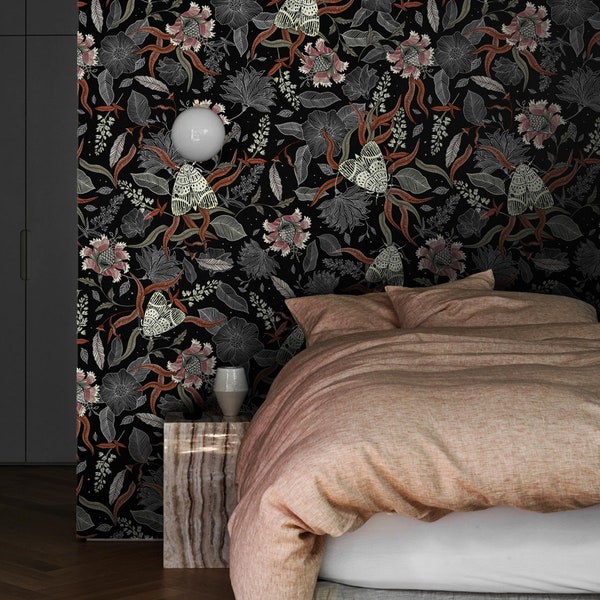 Moth Wallpaper: Vintage Floral Removable Wall Decor #V39