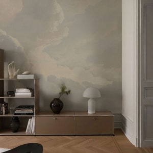 Carta da parati con paesaggio e cielo nuvoloso, staccabile e attaccabile o in tessuto non tessuto, murale panoramico, arredamento retrò per il bagno, carta da parati beige // #L18