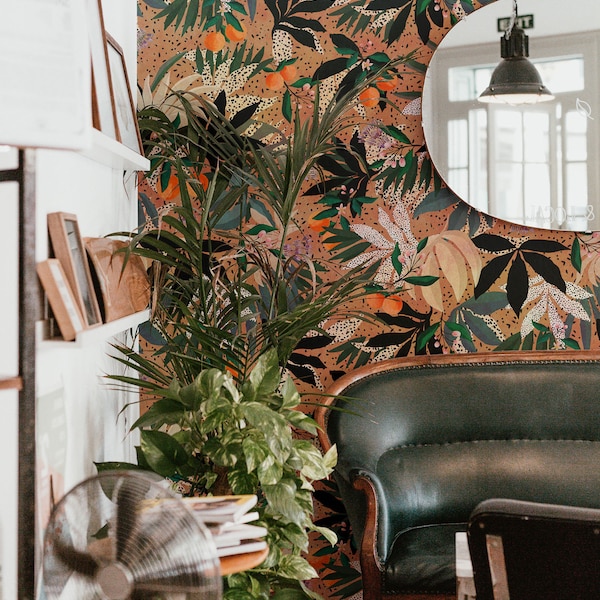 tropical wallpaper, apricots tree, tropical leaves, little black dots, fruit branch, orange wall mural #T28