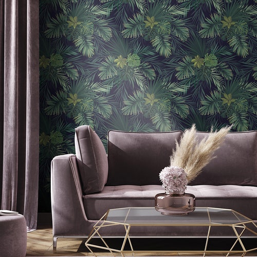 Tropical Wallpaper Pattern With Green Monstera Dark | Etsy