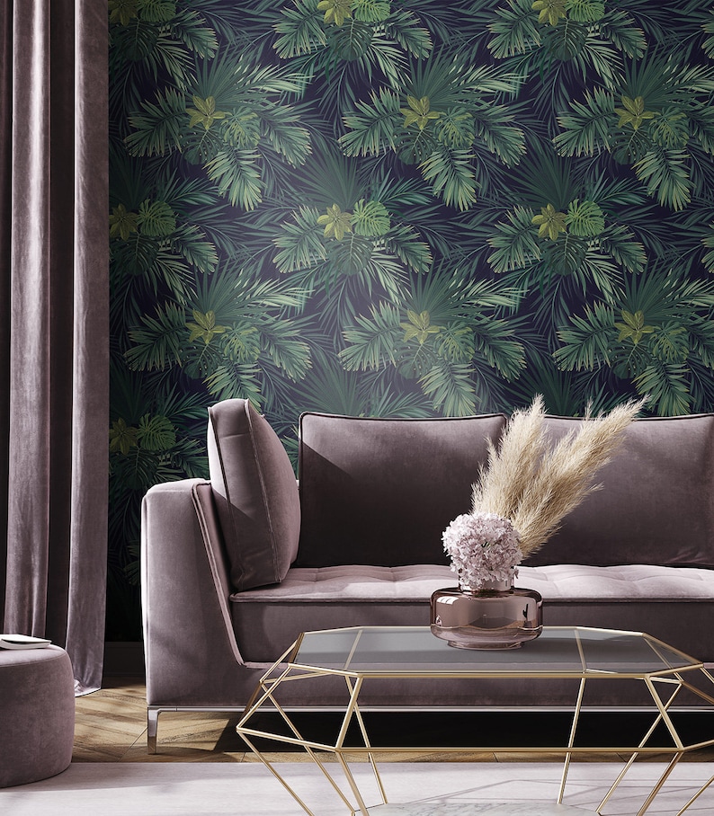 Peel & stick tropical wallpaper botanical pattern with green Etsy
