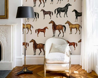 removable vintage wallpaper, self-adhesive, horses pattern, vintage kitchen, unique graphics, botanical, room decor || #V15