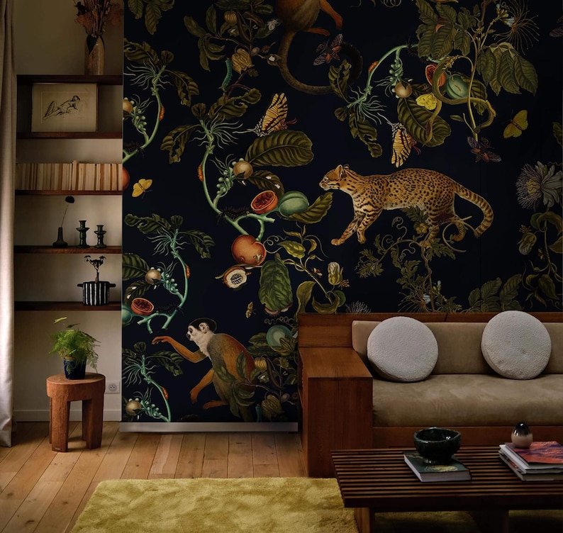 dark botanic wallpaper cheetahs and monkeys, secret garden, plants print, removable or vinyl wall murals B12 MAGIC FOREST image 2