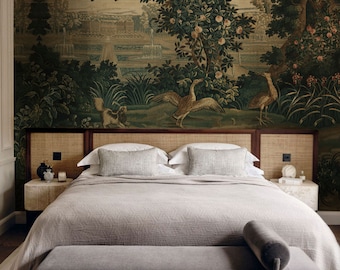 Vintage Wallpaper Verdure with Château Garden Wall Mural, Bedroom decor, removable mural, peel&stick,  || #A7