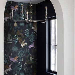 botanical wallpaper purple beasts - black background, horse and lion, plants, removable or vinyl wall murals, living room decor || #B31