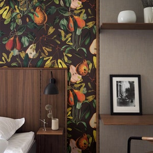 vintage wallpaper, pattern in pear burgundy, fruit illustration, removable, botanical pattern, kitchen decor || #V26