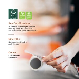 May include: A close-up of a roll of paper with a hand holding a piece of the paper. The paper is certified by the Forest Stewardship Council (FSC) and has GreenGuard and EcoLogo certifications. The text on the paper reads "Eco Certifications", "SC certified, indicating responsible sourcing, along with additional eco-friendly and green certifications.", "Safe Inks", "Non-toxic, eco-friendly, and odorless.", and "Colors", "Guaranteed to never fade."