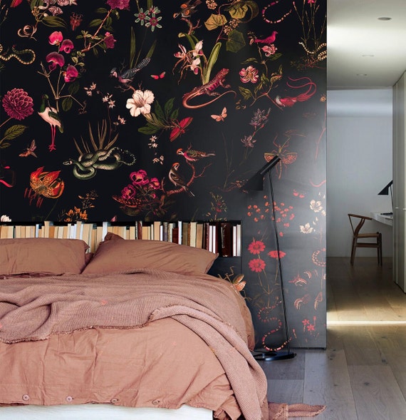 Botanical Wallpaper Night Life in the Garden Little Animals - Etsy Botanical Wallpaper Night Life in the Garden Little Animals - Etsy