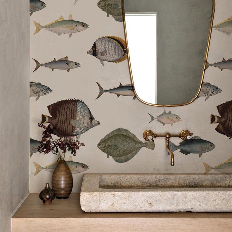 Under The Sea Beige - Wallcolors - Vintage Wallpapers - Bathroom decor