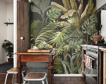 tropical jungle wallpaper, large botanical pattern, black background, wall mural, wall art decor || #T25