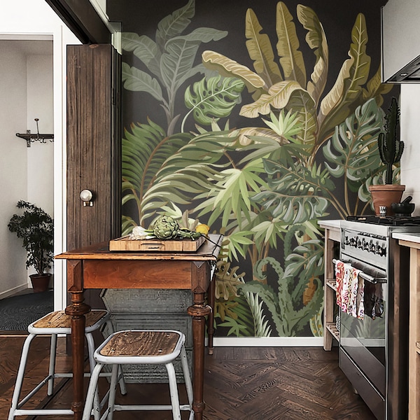 tropical jungle wallpaper, large botanical pattern, black background, wall mural, wall art decor || #T25