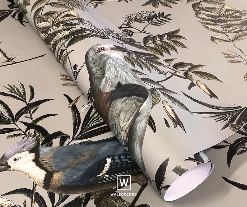 Vintage Removable Wallpaper Birds on Green Background Etsy