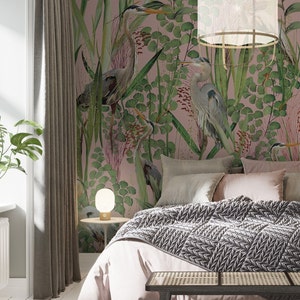 herons in the grass, removable vintage wallpaper, light pink background, unique graphics, botanical, room decor || #V28