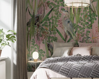 Heron Grass Removable Wallpaper: Botanical Pink Room Decor #V28