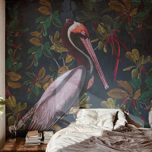 pellicano di notte, carta da parati botanica, foglie e grandi uccelli, sfondo scuro, rimovibile, grande murale, decorazione per la stanza #B17 PELLICANI NOTTURNI